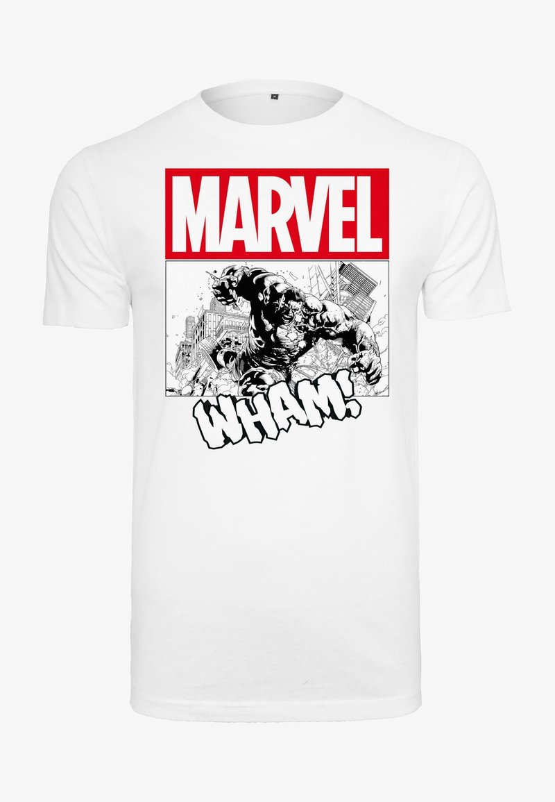 Hvit bomulls T-skjorte med en svart-hvitt tegneserieillustrasjon av en karakter med "MARVEL" i rødt og "WHAM!" i fet skrift.