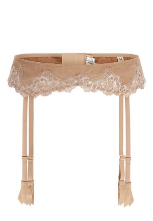 Beige kanten kousenband met golvende randen, satijnen banden en decoratieve strikjes. Voorzien van goudkleurige metalen hardware en een soepele textuur.