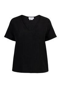 Top negru cu mânecă scurtă, cu decupaj în V, realizat dintr-un material neted, având o croială lejeră și un tiv drept. Fără modele sau ornamente.