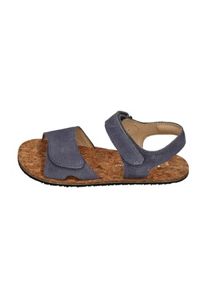 Child's open-toe sandal with blue suede straps and cork textured footbed, featuring adjustable hook-and-loop closures.