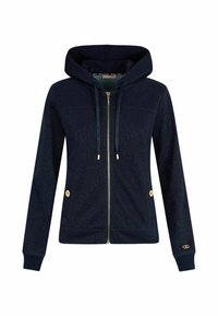 Sweat à capuche zippé marine en tissu texturé avec des éléments en métal doré, doté d'une capuche à cordon de serrage et de poches latérales.