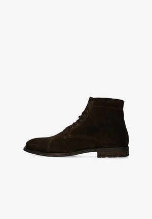Dark brown suede lace-up ankle boot with rounded toe and low stacked heel, shown in side profile on white background.