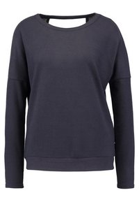 Mörk marinblå långärmad sweatshirt med en bred rund halsringning och en utskuren detalj vid nacke bak.