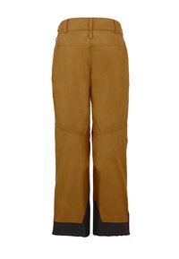 Pantalon marron à jambes droites avec poignets noirs renforcés et passants de ceinture, vu de dos.