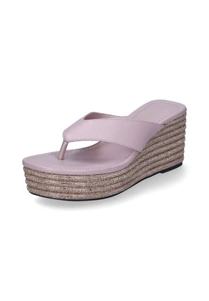 Lyserøde kile-sandaler med en glat, blank overdel og en tekstureret vævet bund, der har et tåstykke design og en polstret indersål for komfort.