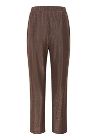 Barna metál fényű nadrág, elasztikus derékpánttal, keskenyedő szárú, középvádli hosszúságú. Simább textúrájú, fényvisszaverő kivitelben.