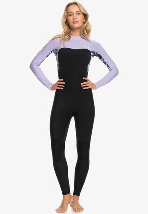 Full-body wetsuit in black with lilac sleeves. Features patterned accents on sides and paneling for flexibility. Smooth, stretchable material.