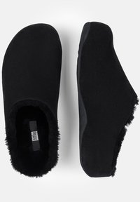 Black slipper design with soft fleece lining, rounded toe, and flexible sole. Smooth texture on the exterior, open back for easy wear.
