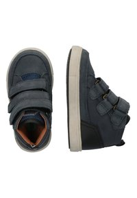 Ciemnoniebieskie buty na wysoki top z rzepami, szarymi akcentami, gumową podeszwą i teksturowanym wykończeniem na języku.