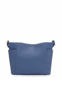Blaues, geripptes Stoff-Schultertasche mit zwei seitlichen Taschen und einem verstellbaren Gurt. Glatte Textur und eine weiche, strukturierte Form.