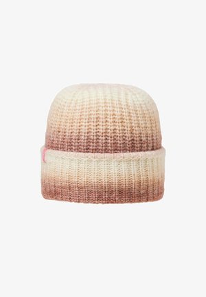 Stickad beanie-hatt med vikbar brätte i gradientfärger som övergår från krämfärgad till ljusbrun på en vit bakgrund.