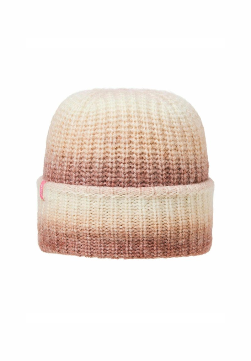 Stickad beanie-hatt med vikbar brätte i gradientfärger som övergår från krämfärgad till ljusbrun på en vit bakgrund.