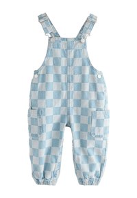 Blå og hvide ternede overall lavet af denim med justerbare stropper, trykknapper og sidelommer med elastiske ankler.