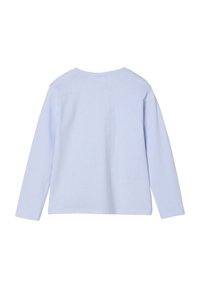 Hellblaues Langarmhemd aus weicher Baumwolle. Hat einen Rundhalsausschnitt und ein einfaches Design ohne Muster oder Verzierungen.