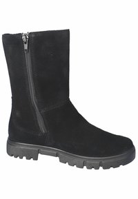 Schwarze Wildleder-Stiefelette mit seitlichem Reißverschluss, strukturiertem Obermaterial und einer klobigen schwarzen Gummisohle mit Profilmuster.
