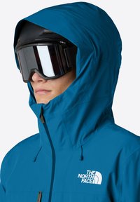 Persona che indossa una giacca a vento blu con cappuccio e occhiali da sci neri con lenti riflettenti, con il logo "The North Face" sul petto.