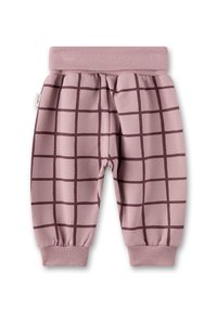 Rosa Baumwoll-Jogginghosen mit einem Rautenmuster in Dunkelbraun, ausgestattet mit einem gerippten Bund und Bündchen für eine gemütliche Passform. Weicher Stoff, lässiges Design.