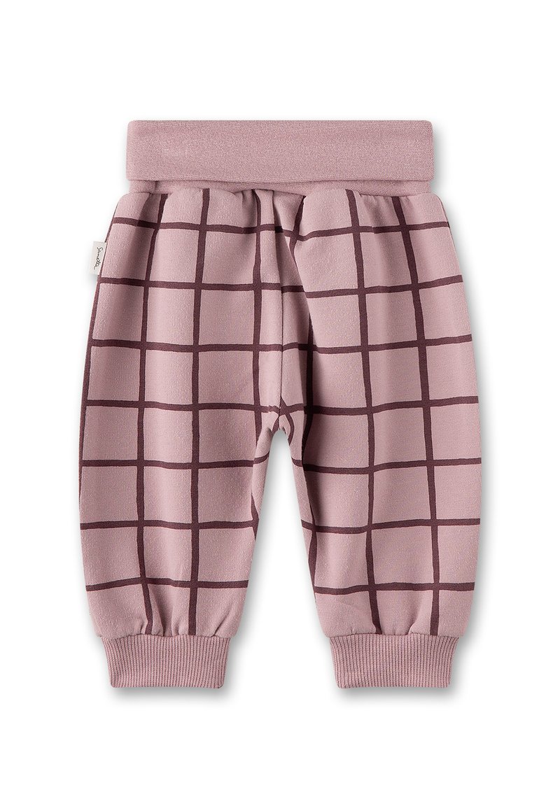 Rosa Baumwoll-Jogginghosen mit einem Rautenmuster in Dunkelbraun, ausgestattet mit einem gerippten Bund und Bündchen für eine gemütliche Passform. Weicher Stoff, lässiges Design.