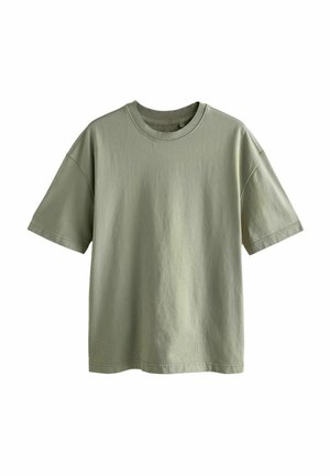 T-shirt met korte mouwen en ronde hals in licht olijfgroen katoen. Heeft een comfortabele pasvorm en een gladde, licht gestructureerde stof. Geen patronen of accenten.