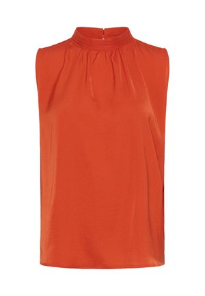 Mouwloze blouse in levendig oranje stof, met een hoge halslijn met subtiele plooien en een keyhole sluiting aan de achterkant. Gladde textuur.