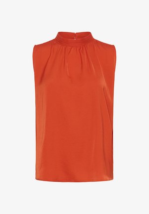 Majica bez rukava u vibrantnoj narančastoj tkanini, s visokim izrezom i suptilnim nabranjem, te zatvaranjem na leđima u obliku ključa. Glatka tekstura.
