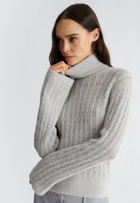 Maglione grigio chiaro lavorato a maglia con un alto collo a palloncino, texture a costine e maniche lunghe. Presenta un delicato motivo a trecce su tutto il capo.