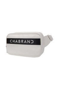 Sac banane en matériau synthétique blanc avec une sangle noire portant le texte "CHABRAN." Forme rectangulaire avec une fermeture éclair.