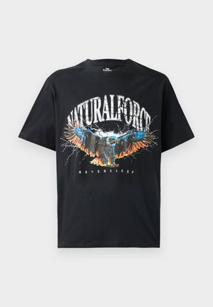 Black cotton t-shirt featuring a graphic print of an eagle with multicolored accents and text "NATURALFORCE" and "NEVERSLEEP." Short sleeves.
