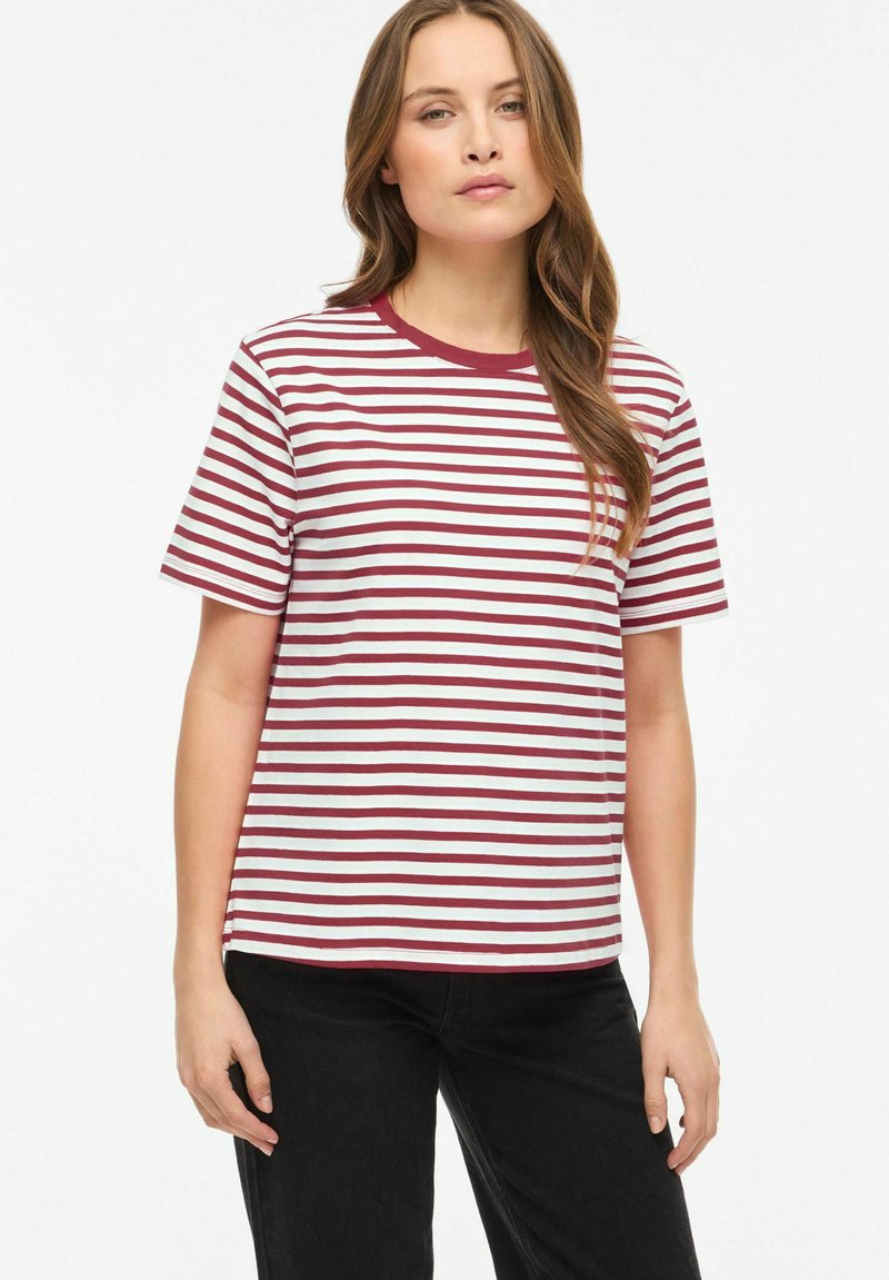 Short-sleeve T-shirt in white and burgundy stripes, with a round neckline and a relaxed fit. Made from soft cotton fabric.