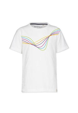 Hvid bomulds t-shirt med farverige bølgemønstre i grøn, blå, pink og gul over brystet. Korte ærmer og rund halsudskæring.