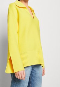 Femme portant un pull en tricot jaune vif avec des manches cloche fendues et un jean bleu, vue de la nuque aux hanches contre un fond uni.