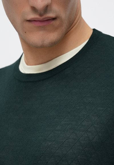 Dark green textured sweater with a diamond pattern, featuring a crew neck and a cream-colored inner collar. Material appears soft and knit.