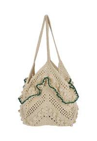 Sac cabas beige crocheté avec bordure froncée verte, deux longues poignées et un motif ajouré pour la respirabilité et le style.
