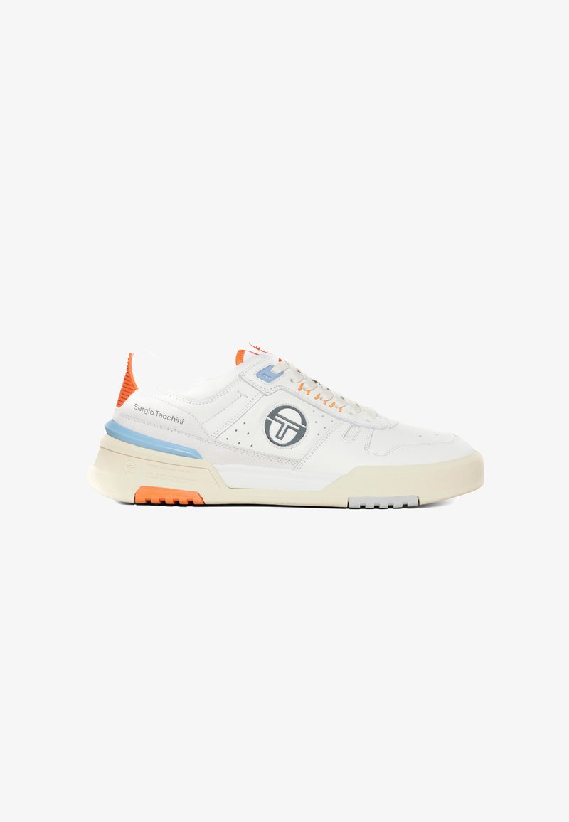 White sneaker with orange and blue accents, textured rubber sole, patterned overlays, and a logo on the side. Lace-up design.