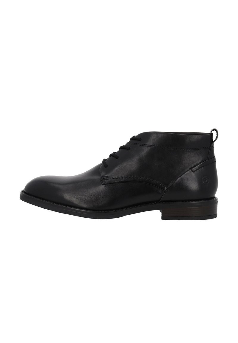 Stivali ankle in pelle nera con punta arrotondata, design con lacci, cuciture sottili e tacco piccolo. Presentano una linguetta sul retro.