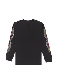 Zwarte langarm t-shirt met vlamgraphics in rood, geel en wit op beide mouwen. Gemaakt van katoen met een ronde hals.