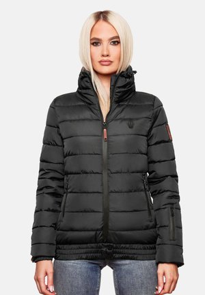 Black puffer jacket with horizontal quilted design, high collar, and zippered pockets. Features ribbed cuffs and a tailored fit.