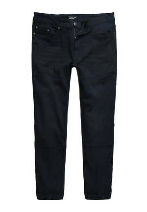 Herre sorte slim-fit bukser med frontlommer, bæltestropper, knaplukning og elastiske manchetter.