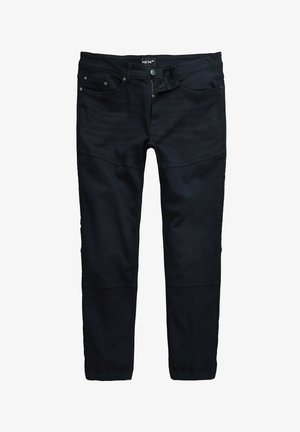Men's black slim-fit pants with front pockets, belt loops, button closure, and elastic cuffs.