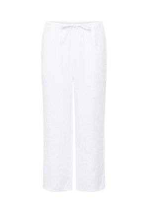 Pantalon ample en lin blanc avec taille élastique et cordon de serrage, coupe droite, adapté pour une tenue décontractée ou par temps chaud.