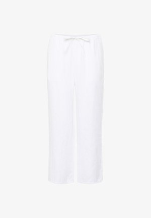 Pantalon ample en lin blanc avec taille élastique et cordon de serrage, coupe droite, adapté pour une tenue décontractée ou par temps chaud.