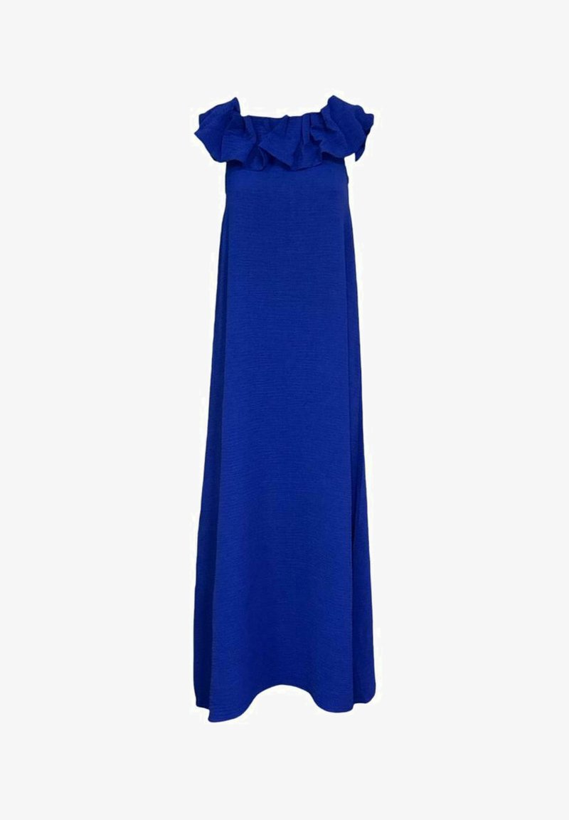 Vestido maxi azul con escote volante sin hombros. Hecho de tela texturada, presenta una silueta A-line fluida.