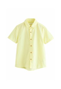 Camisa de botón de manga corta amarilla, hecha de una tela ligera, con un collar clásico y botones de madera en el frente.