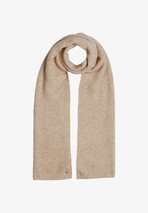 Beige ribbed knit scarf, with a soft texture, featuring a subtle sheen and a small logo tag. The scarf is draped in a circular shape.