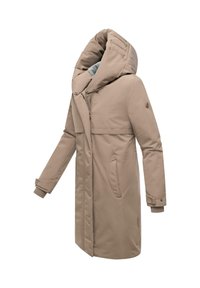 Beige dames parka met een grote kraagkap, ritssluiting aan de voorkant, twee zijzakken en ribgebreide manchetten. Glad, geïsoleerd materiaal zonder patronen.