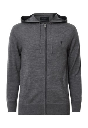 Grau gestreifter Kapuzen-Reißverschlusscardigan aus weichem Strickmaterial, mit Taschen auf der Vorderseite und einem dezenten Logo auf der linken Brust.