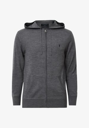 Szara kardigan zapinany na zamek z kapturem, wykonany z miękkiego dzianiny, z przednimi kieszeniami i subtelnym logo na lewej piersi.