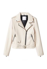 Veste de motard couleur crème avec larges revers, doublure intérieure noire, fermeture éclair à l'avant, poches zippées et ceinture à la taille.