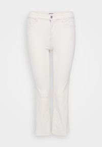 White cotton jeans with a straight leg design, featuring a zipper fly, five pockets, and a button closure at the waist.