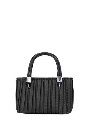 Geantă neagră cu pliuri verticale, două mânere rotunjite cu accente argintii, formă dreptunghiulară și design structurat.